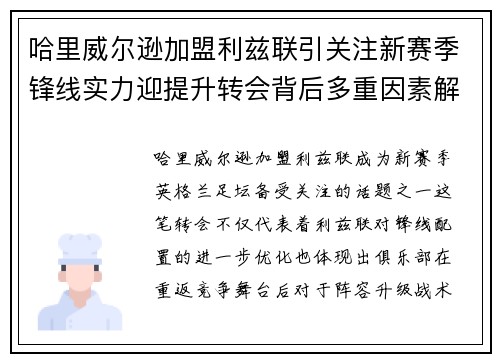 哈里威尔逊加盟利兹联引关注新赛季锋线实力迎提升转会背后多重因素解析